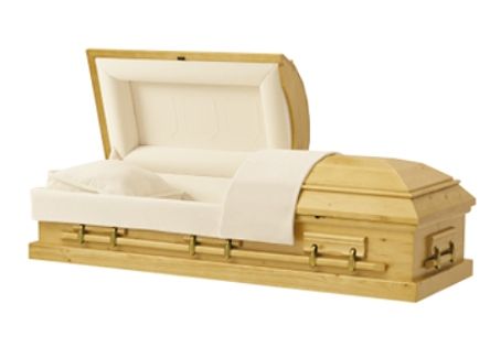 Light wood coffin with open lid and cream-colored interior lining