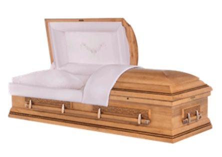 Open wooden casket with white interior and lid raised