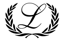 Black laurel wreath encircling a stylized letter L on a white background