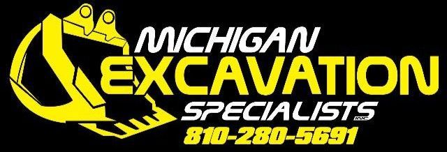 Logo for Michigan Excavation Specialists: Yellow excavator bucket graphic with company name and phone number on a black background.