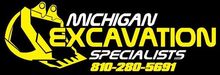 Logo for Michigan Excavation Specialists: Yellow excavator bucket graphic with company name and phone number on a black background.