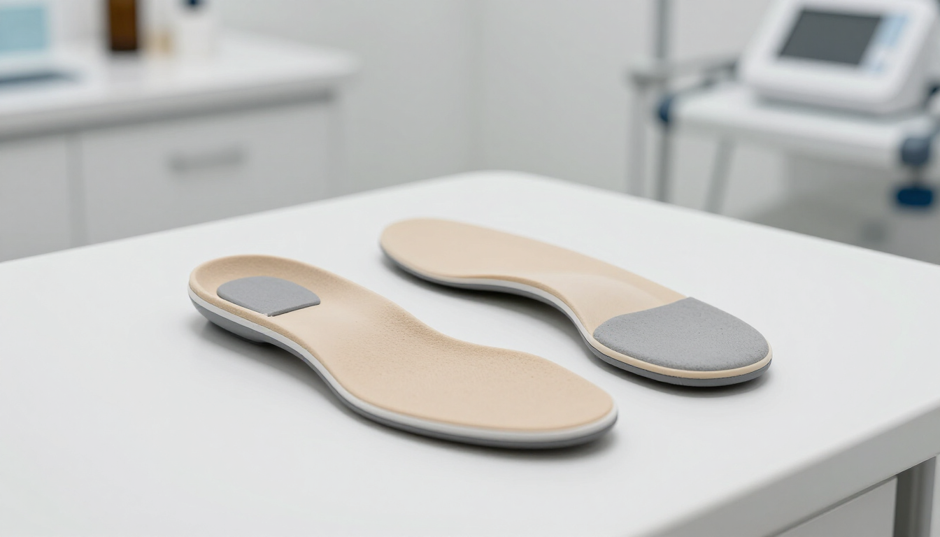A pair of custom-made orthotic inserts for shoes on a professional medical desk.