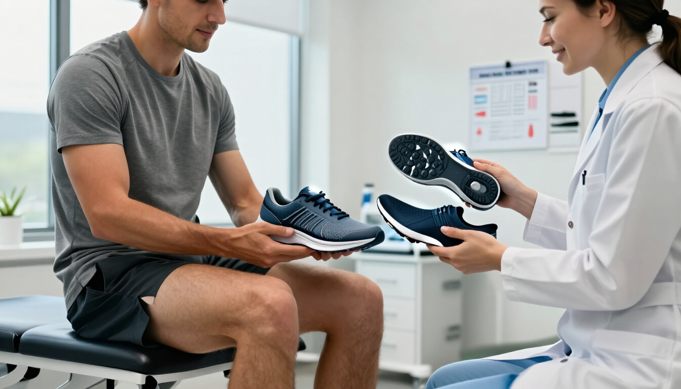 Runner selecting supportive athletic footwear after podiatry consultation