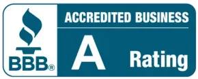 A blue sign that says accredited business a rating