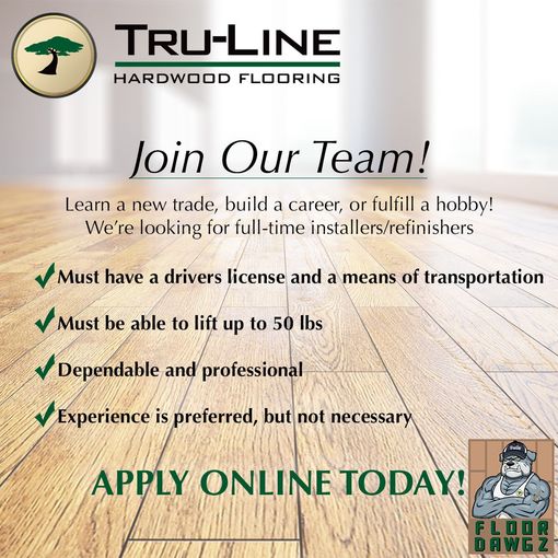An advertisement for tru-line hardwood flooring asking people to apply online today