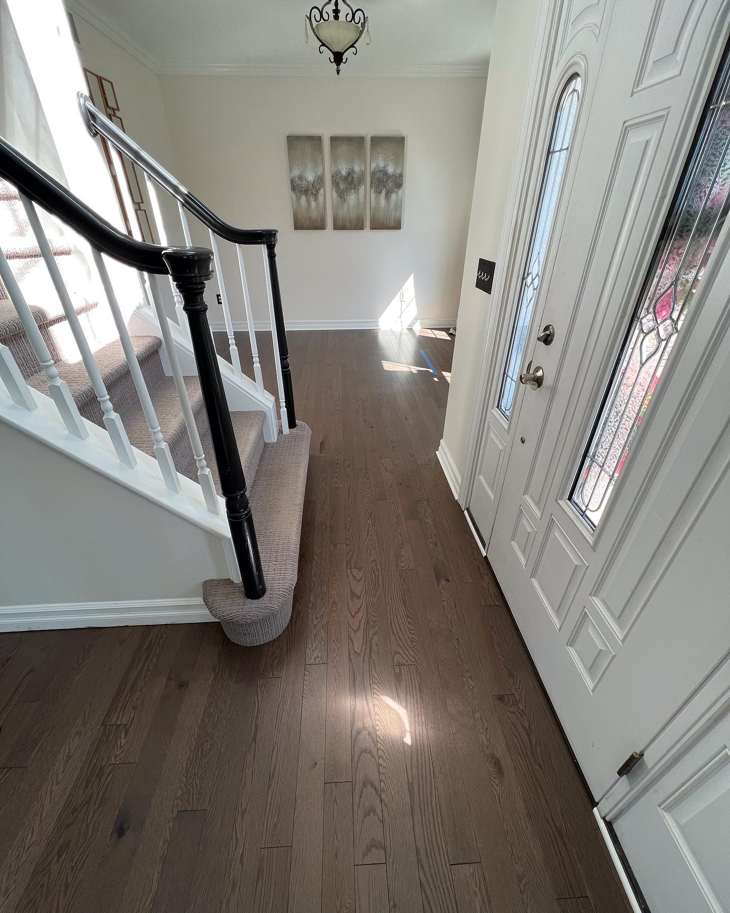 A hallway with stairs and a door in a house.