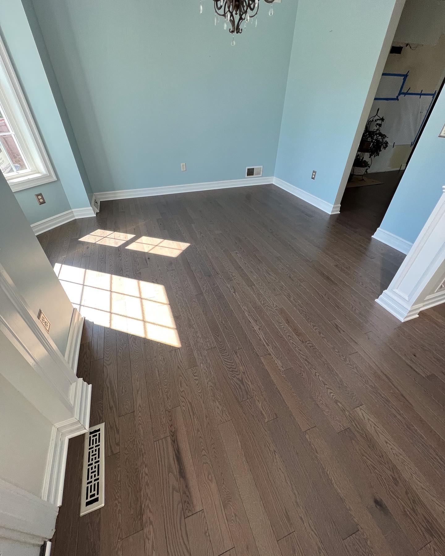 A room with hardwood floors and blue walls.