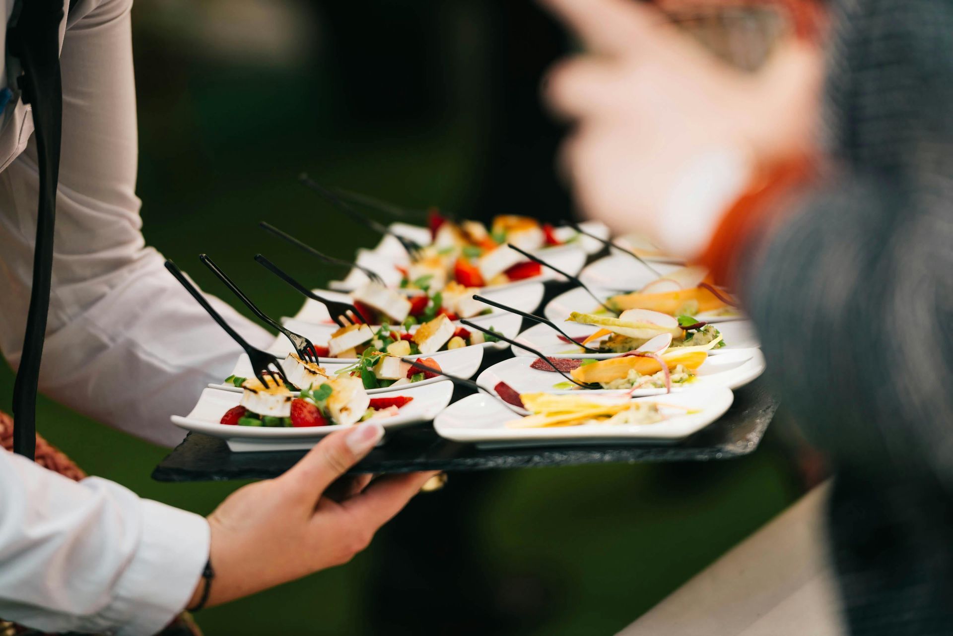 Person holding a tray of colorful appetizers at a party or catered event