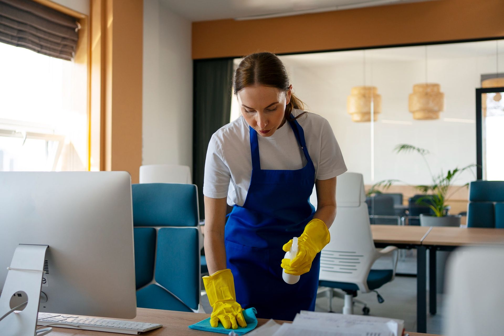 Woman in blue apron and yellow gloves cleans a desk in an office.