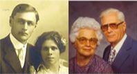 Two side-by-side portraits of an elderly couple: a sepia-toned youth photo and a color later-life photo.