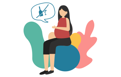 A pregnant person sits on a blue exercise ball with a thought bubble containing a crossed-out wine bottle and glass.