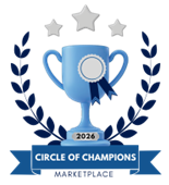Blue trophy emblem with laurel wreath, stars, and banner reading “Circle of Champions Marketplace”