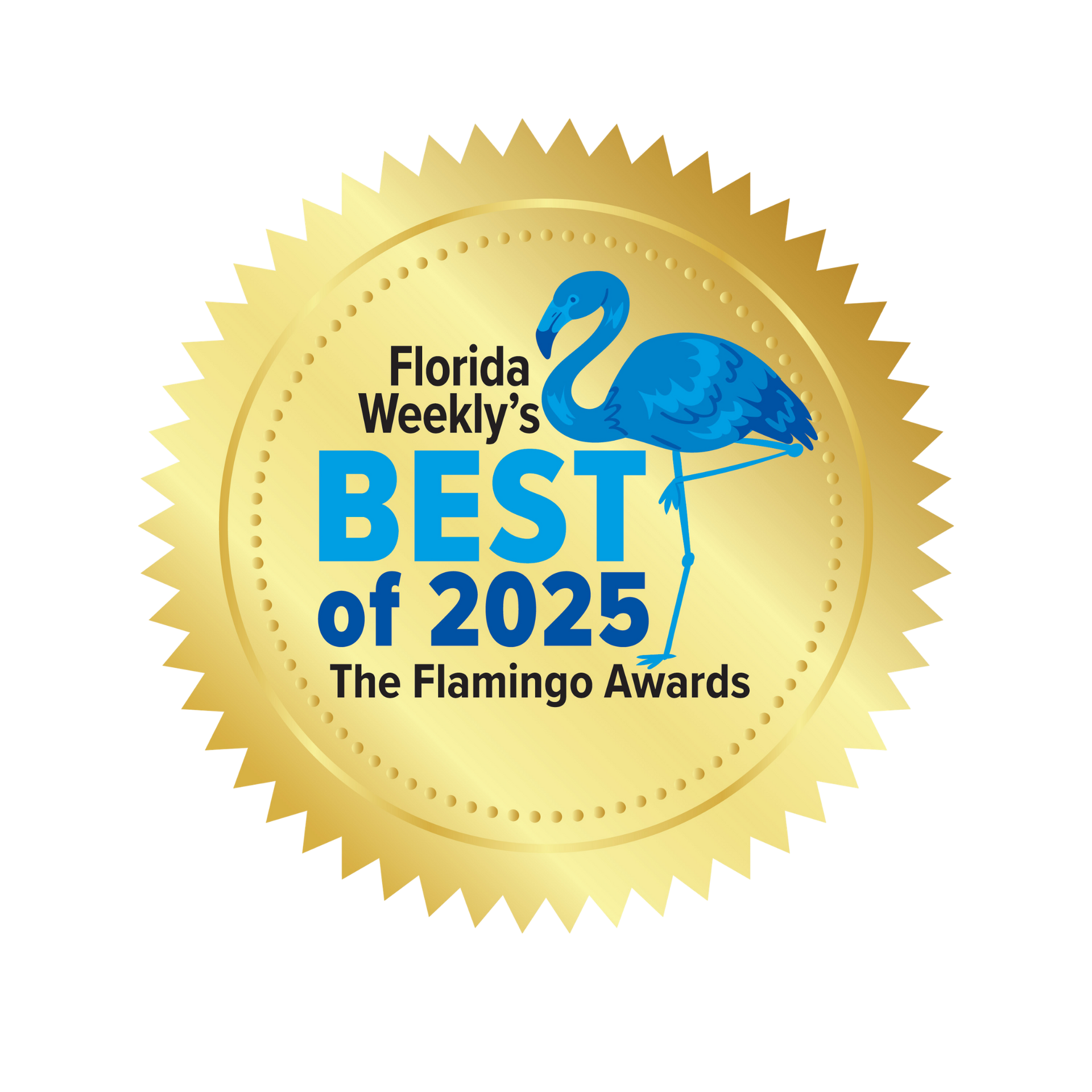 Gold seal for Florida Weekly's Best of 2025, The Flamingo Awards, with a blue flamingo on the center.