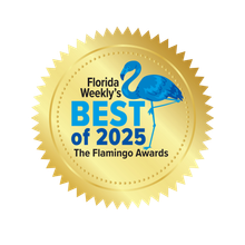Gold seal for Florida Weekly's Best of 2025, The Flamingo Awards, with a blue flamingo on the center.
