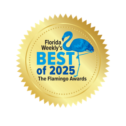 Gold seal for Florida Weekly's Best of 2025, The Flamingo Awards, with a blue flamingo on the center.