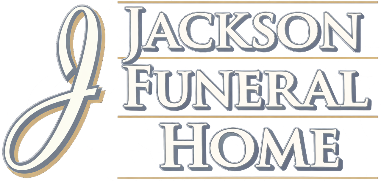 A large, stylized script letter "J" next to the words "JACKSON FUNERAL HOME" in a blue serif font with tan accents.