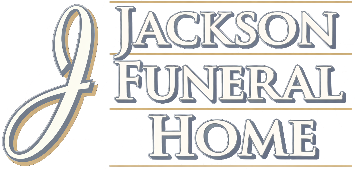 A large, stylized script letter "J" next to the words "JACKSON FUNERAL HOME" in a blue serif font with tan accents.