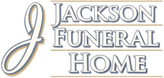 A large, stylized script letter "J" next to the words "JACKSON FUNERAL HOME" in a blue serif font with tan accents.