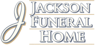 A large, stylized script letter "J" next to the words "JACKSON FUNERAL HOME" in a blue serif font with tan accents.