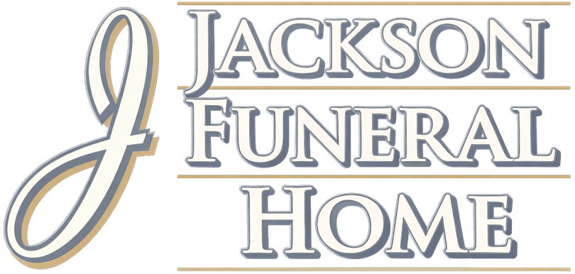 A large, stylized script letter "J" next to the words "JACKSON FUNERAL HOME" in a blue serif font with tan accents.