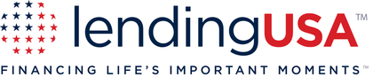 LendingUSA logo with red, blue, and gray text and starburst icon, plus tagline “Financing life’s important moments”