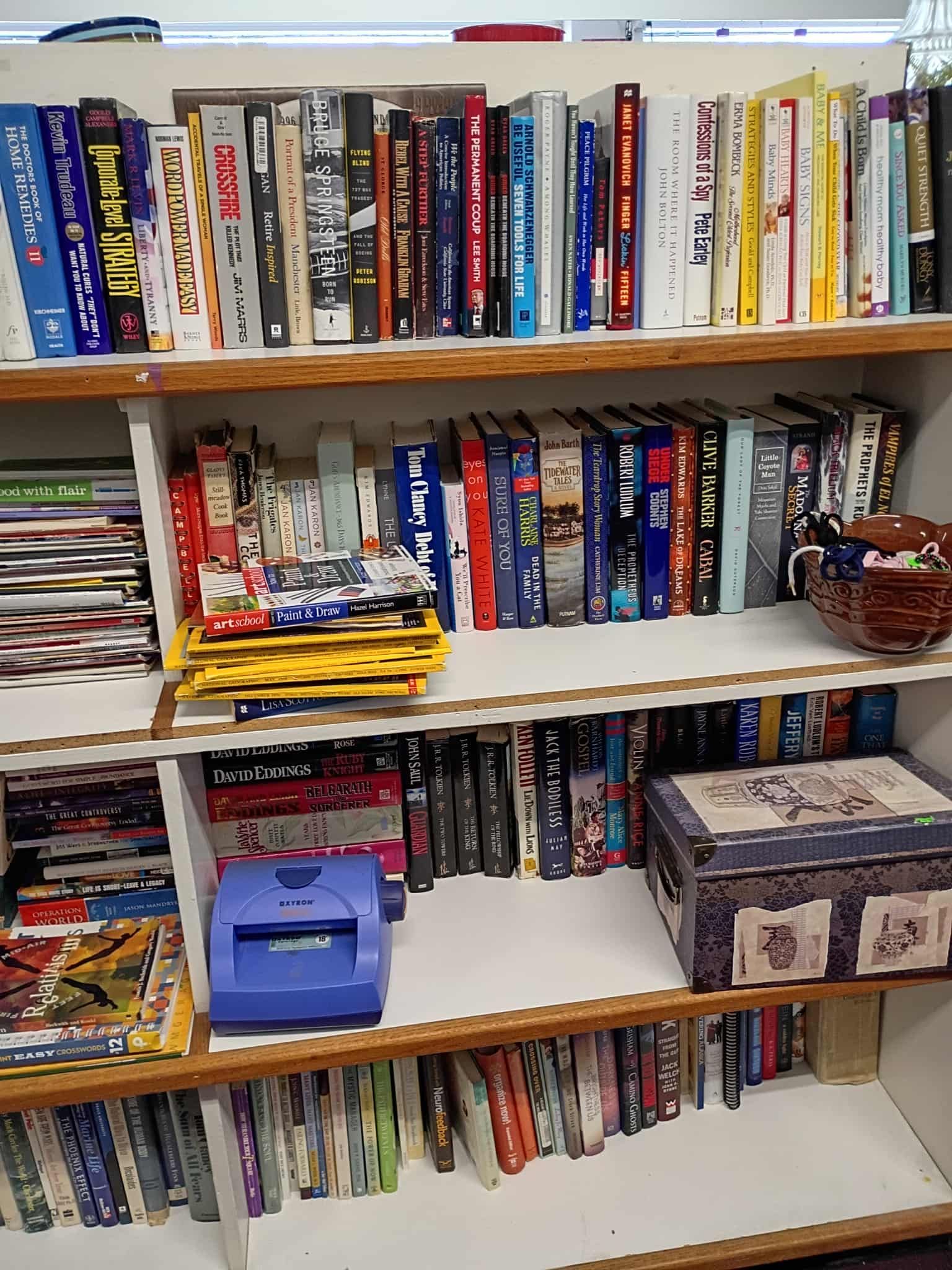 Bookshelves filled with books, mostly in Japanese, with a few stacks of games and a blue console.