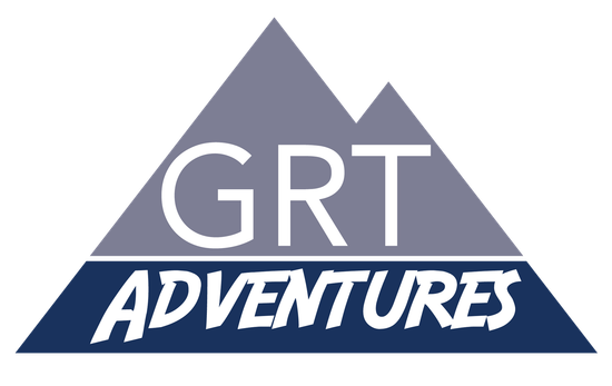 GRT Adventures logo with stylized gray mountains and dark blue banner text