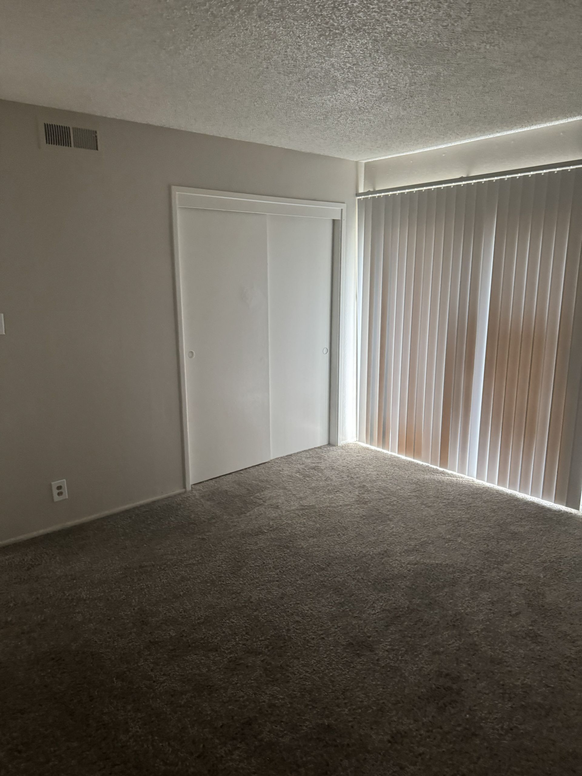 Empty carpeted room with closed closet doors and vertical blinds covering a sliding glass door.