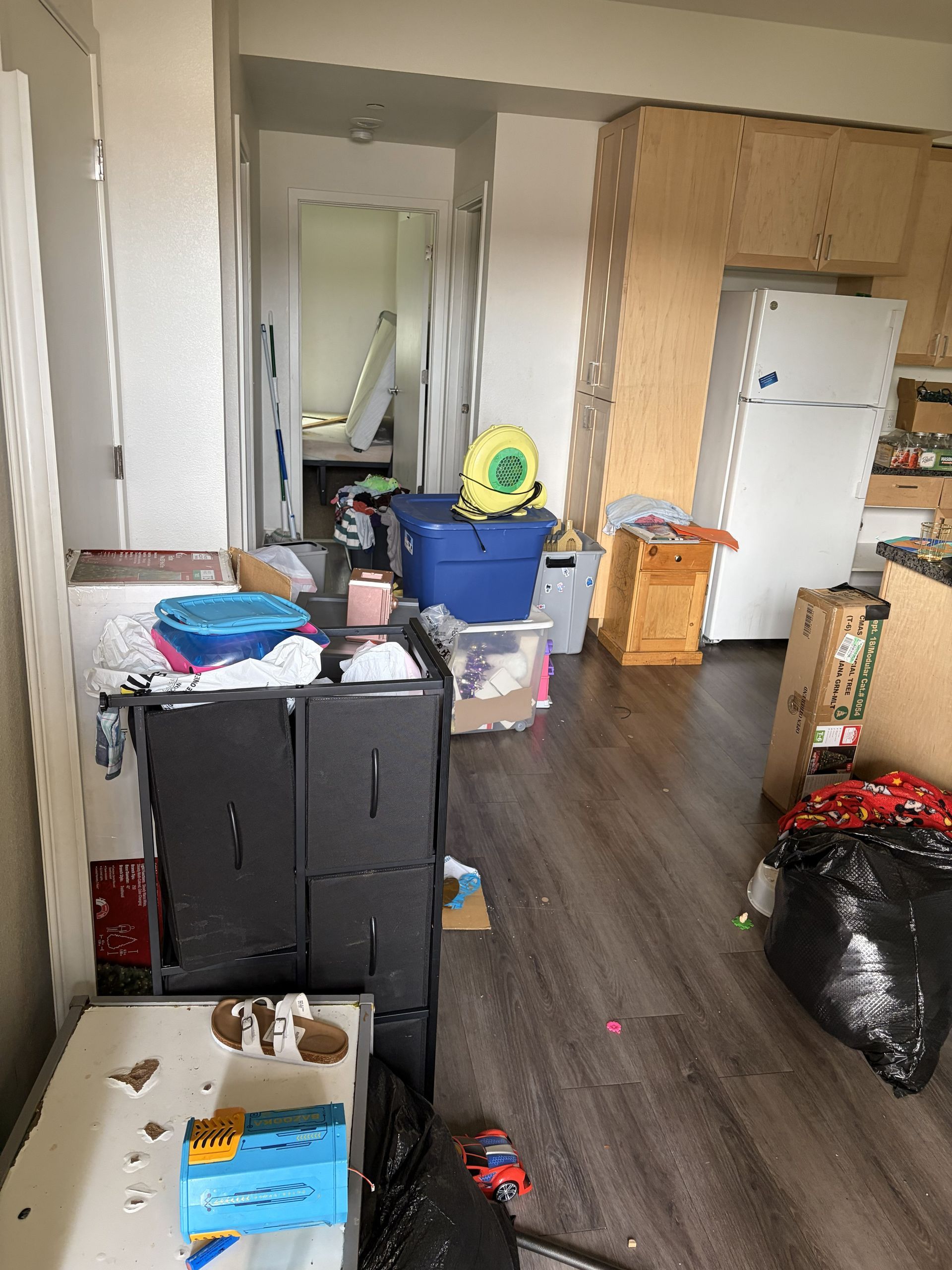 Cluttered apartment interior with boxes, bags, and cabinets; hallway visible in the center.