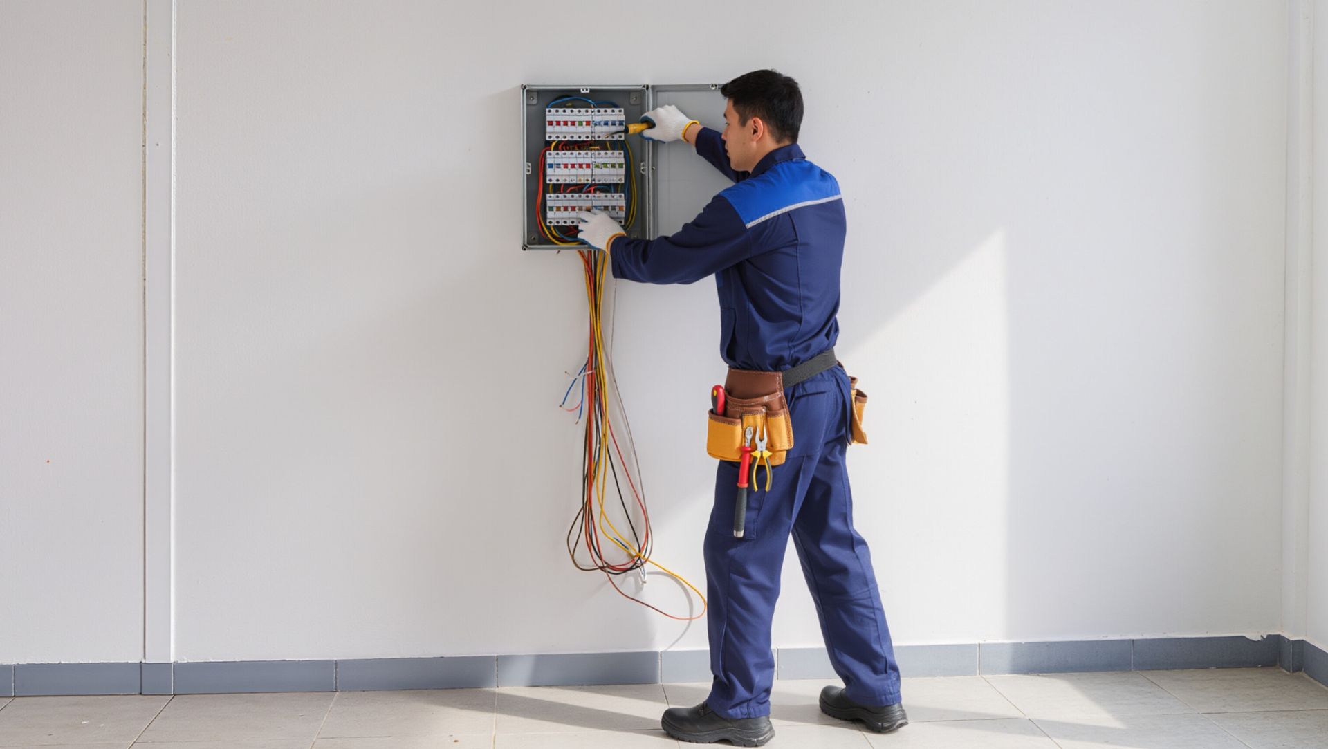Electrician wiring an open wall electrical panel in a bright, empty room.