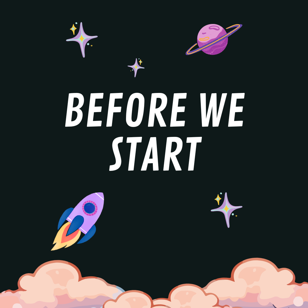 A poster that says `` before we start '' with a rocket , planets and stars.