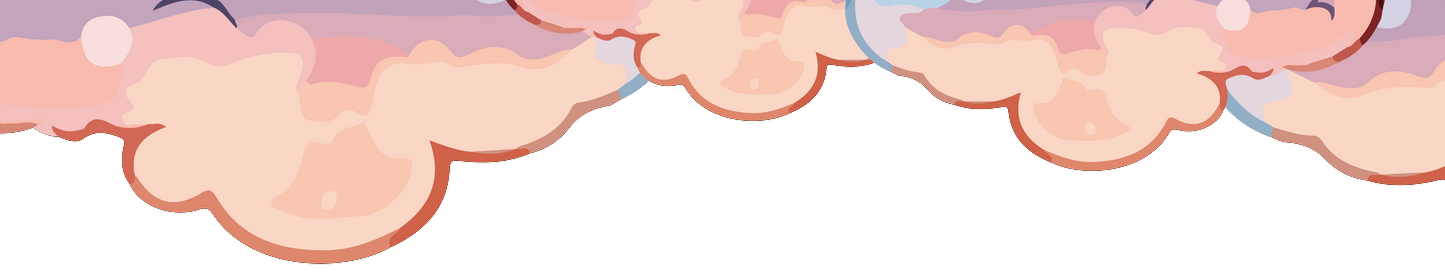A cartoon drawing of pink and purple clouds on a white background.