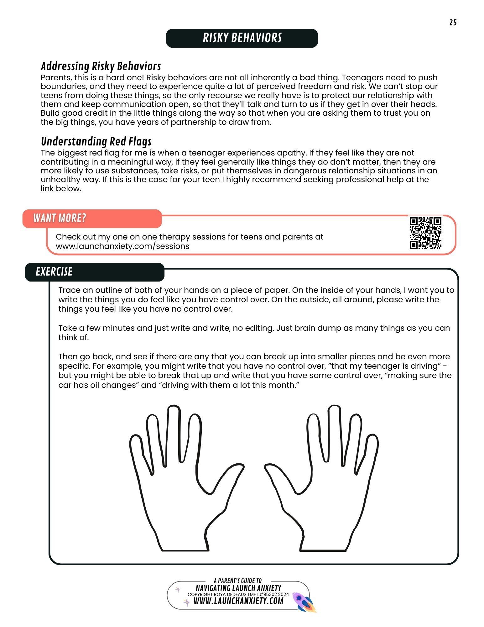 A sample page for parents of teenagers, the topic of this is helping teenagers through risky behavior. One of the topics covered in Roya Dedeaux's  40 page parenting guide for navigating Launch Anxiety for parents of teenagers