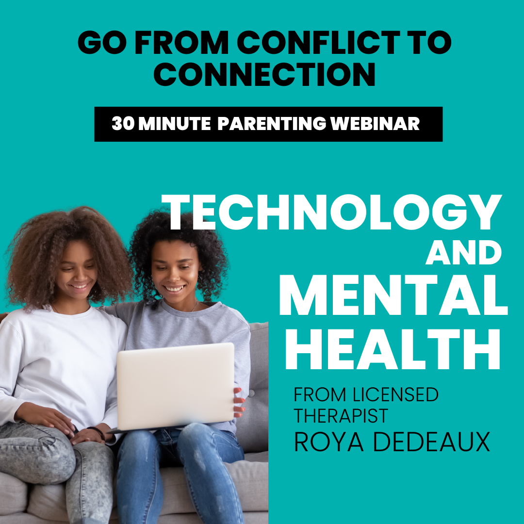 An poster with a parent and their teen are sitting on a couch looking at a laptop with the text Technology and mental Health. A 30 minute parenting webinar for parents to help them understand the relationship beween their teen's tech use and mental health.