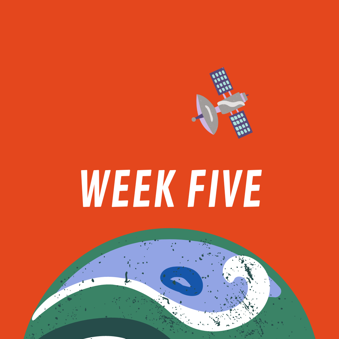 An illustration of a satellite with the words week five below it
