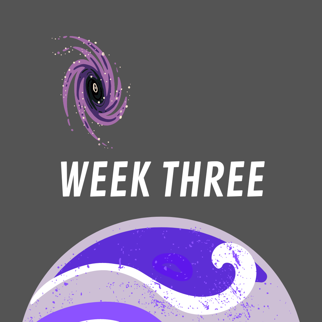 A purple globe with the words week three on it