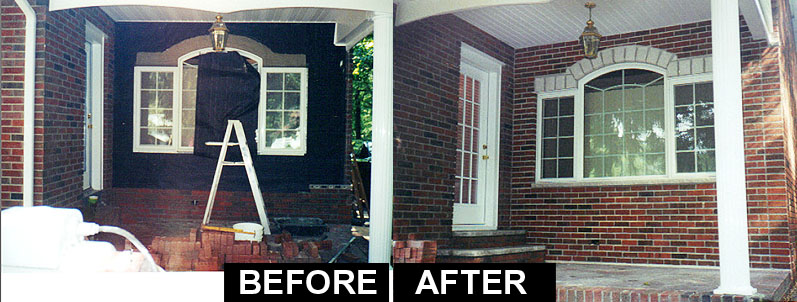 A before and after photo of a brick house