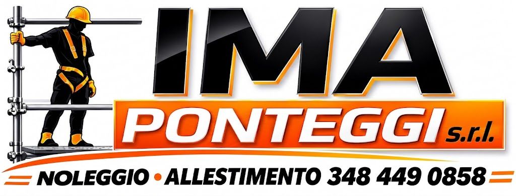 Logo per IMA PONTEGGI s.r.l. con un operaio sui ponteggi e il numero di telefono per il noleggio e il montaggio