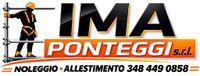 Logo per IMA PONTEGGI s.r.l. con un operaio sui ponteggi e il numero di telefono per il noleggio e il montaggio