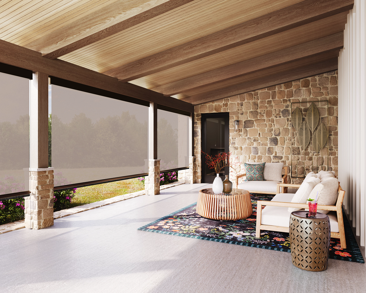 A wood pergola with a retractable canopy from Sunesta in the open position