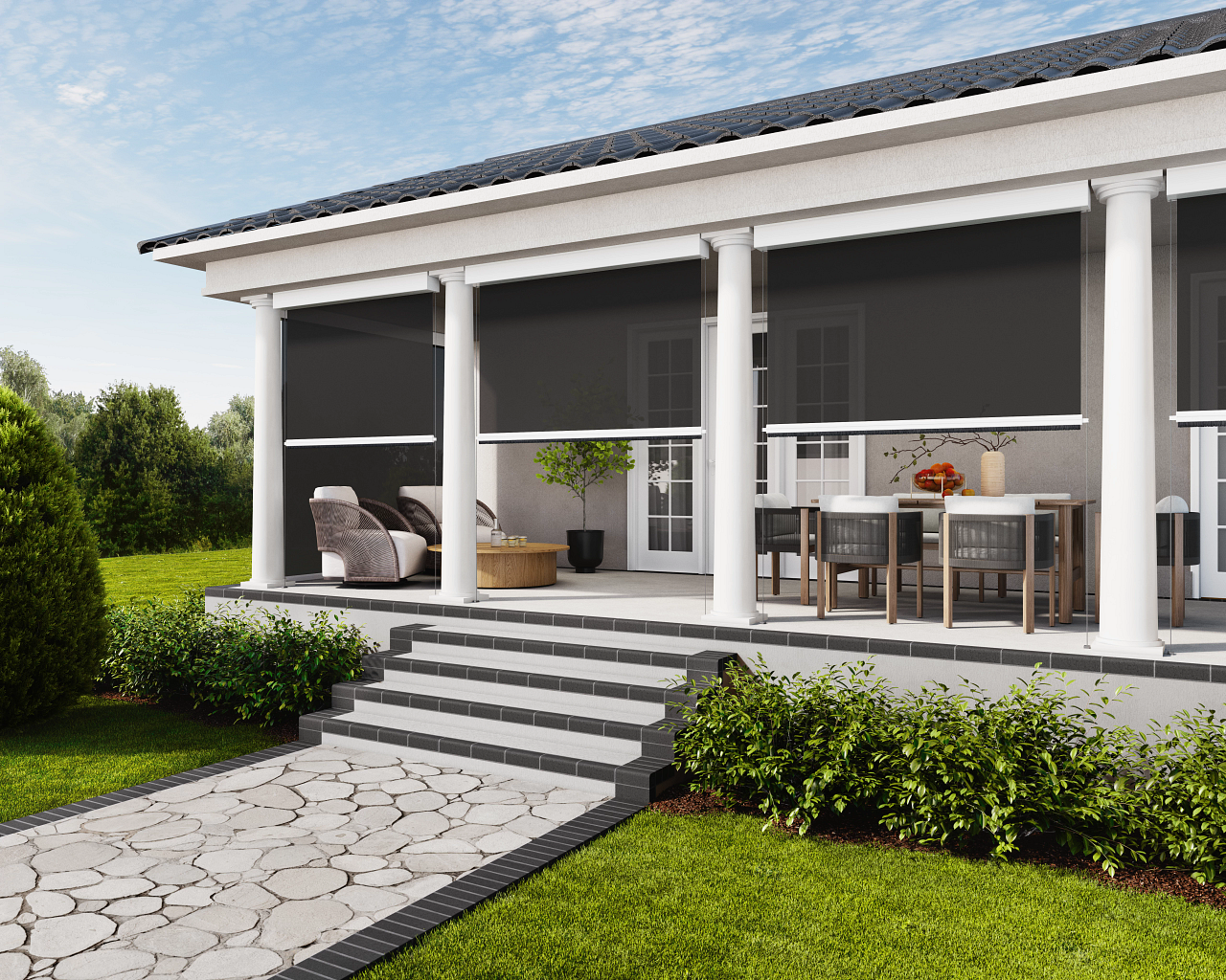 A patio covered with a retractable awning from Sunesta