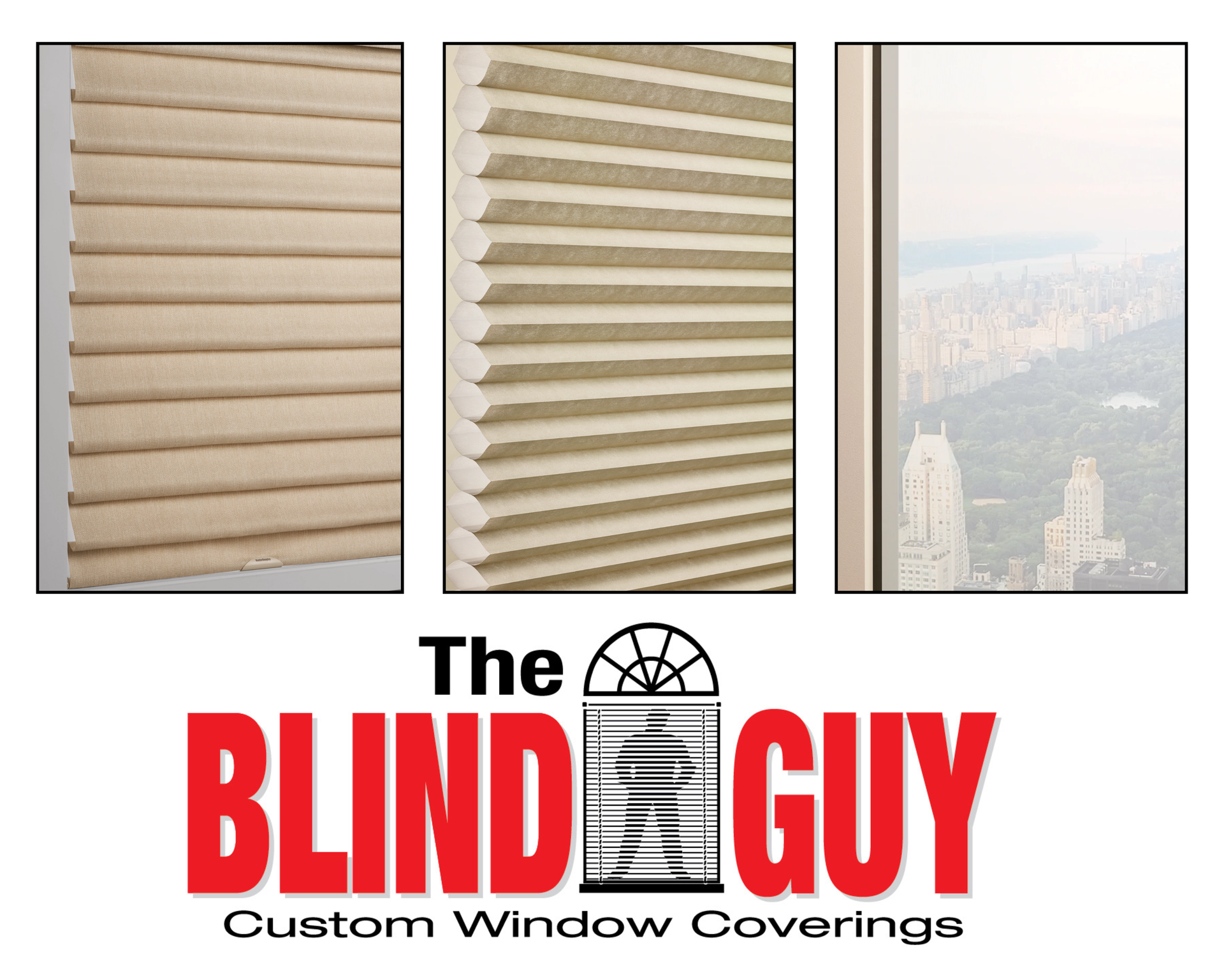 Cellular shades, Roman shades, and solar screen shades side-by-side.