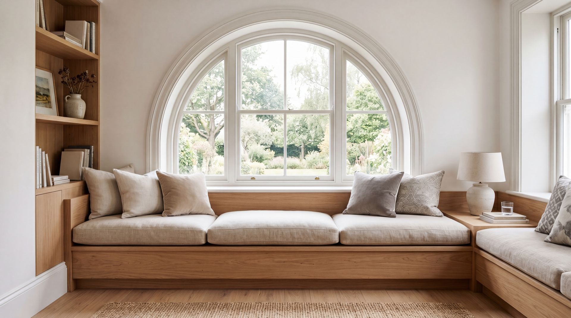 Modern living room interior with large arched window and sectional sofa