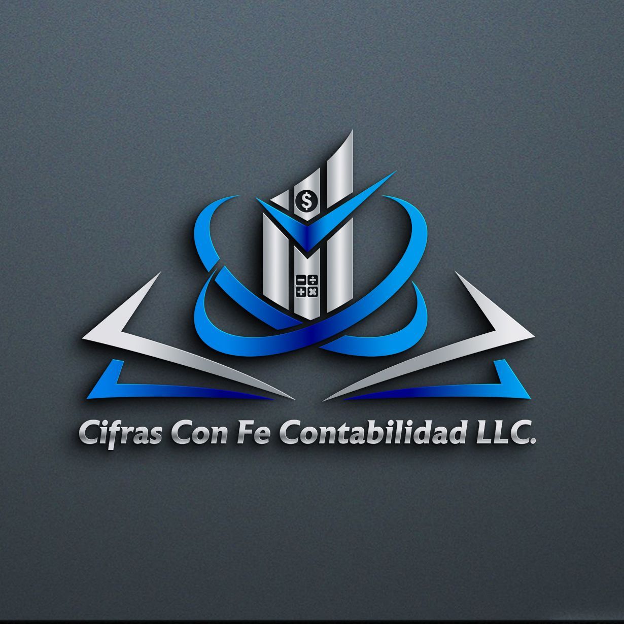 Logo for Cifras Con Fe Contabilidad LLC featuring a metallic, blue-accented building icon over text on a dark background.
