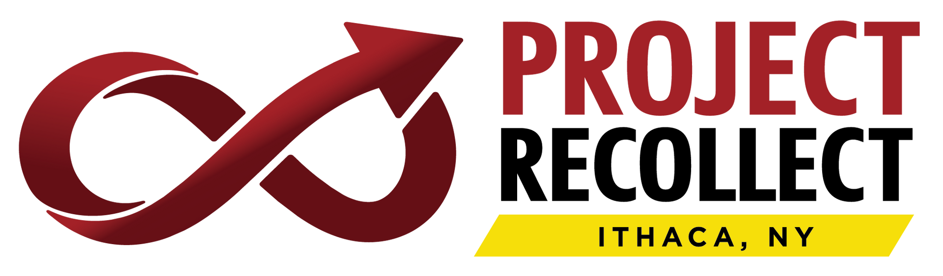 Project Recollect logo in red with infinity symbol and yellow underline, Ithaca, NY