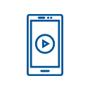 Blue line drawing of a smartphone with a play button on the screen.