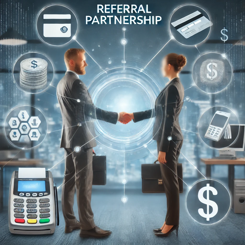 Two professionals shake hands over a referral partnership graphic with payment icons and a card reader.