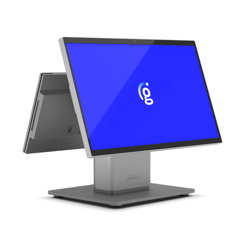 Two-sided gray touchscreen POS terminal with blue display on a stand