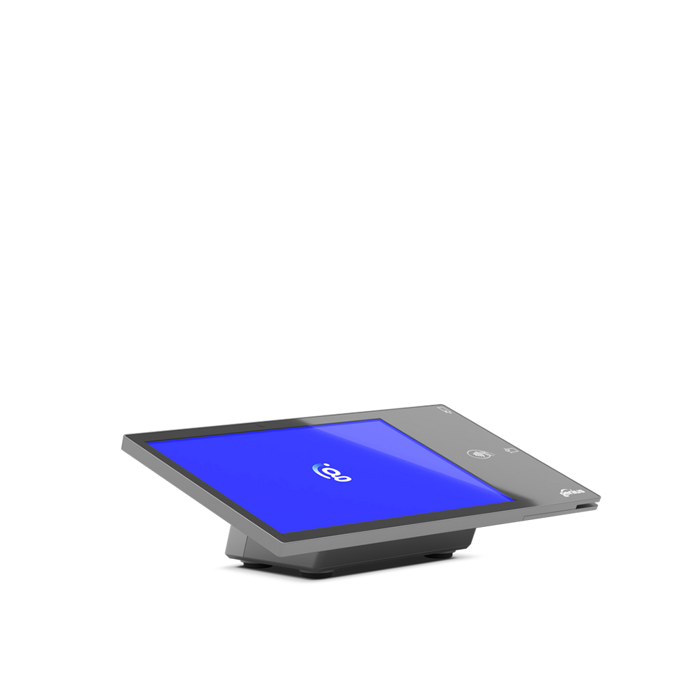 Sleek touchscreen conference room tablet on a stand, displaying a blue screen with a white icon.