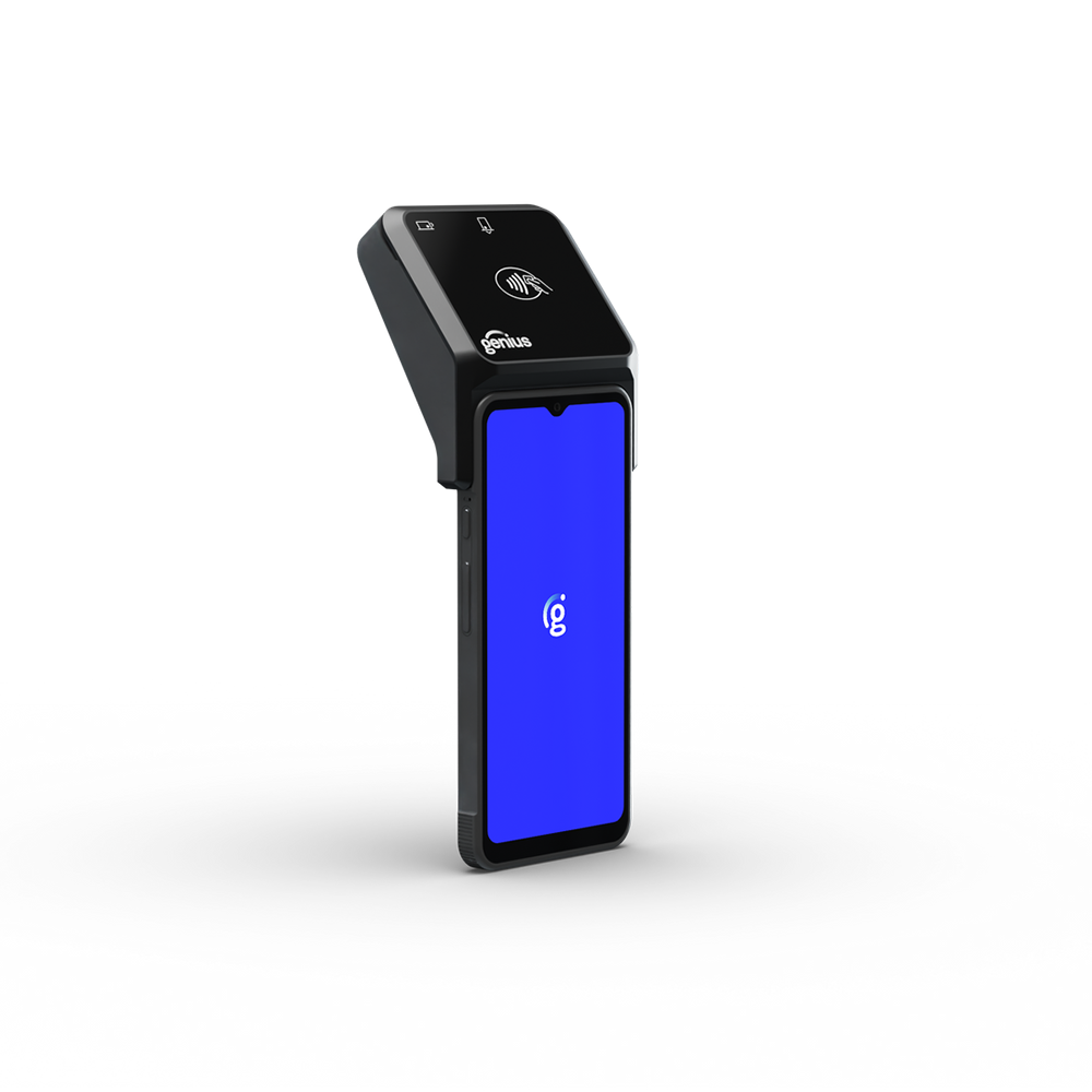 Black handheld barcode scanner with blue screen on a white background